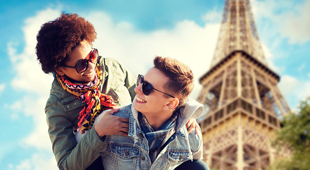 Couple in front of Eiffel Tower on Trip