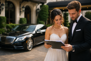 Elegant bride and groom reviewing their wedding day itinerary on a clipboard beside a luxury black sedan, with the chauffeur vehicle softly blurred in the background.