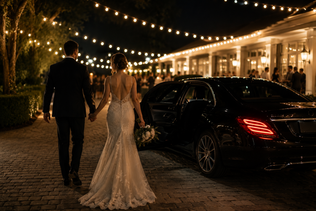 Bride and groom walking hand in hand toward a luxury black sedan outside a beautifully lit wedding reception venue at night.