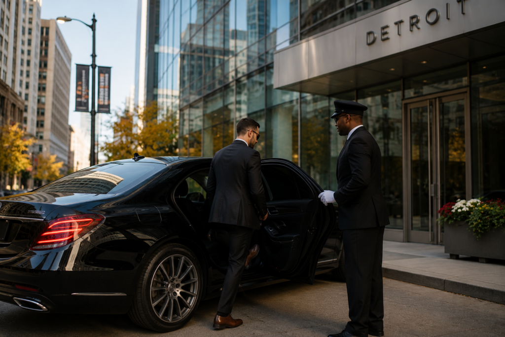 Executive in a suit getting into a black corporate car service outside a Detroit office building
