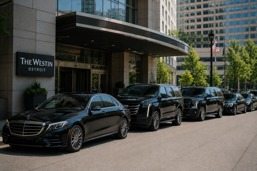 Fleet of black corporate car service vehicles parked outside a Detroit hotel