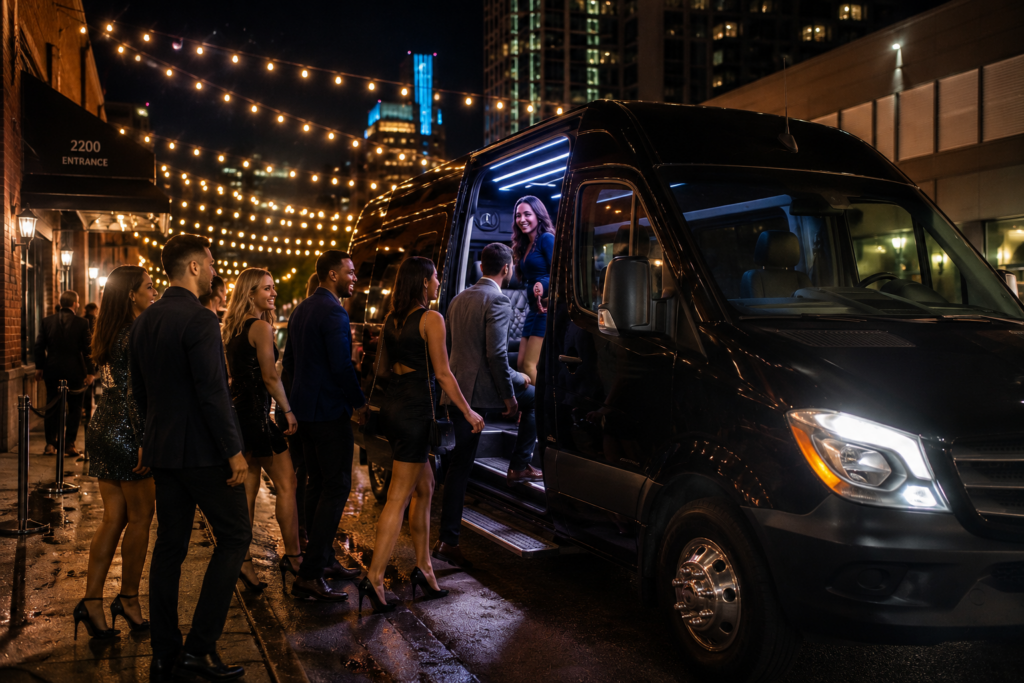 Group boarding a party bus for a bachelorette celebration in Detroit at night