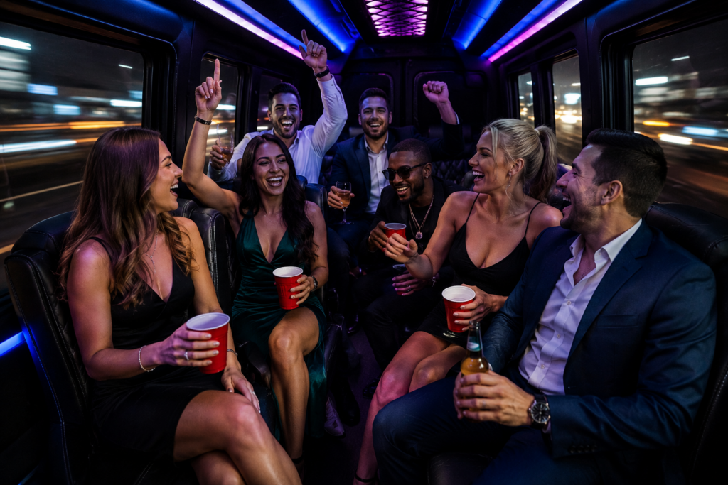 Friends celebrating inside a party van with colorful interior lighting in Detroit