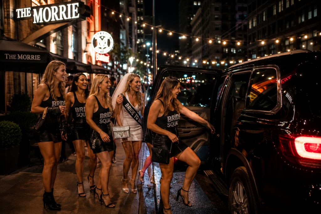 Bachelorette party group getting into an SUV outside a Detroit venue