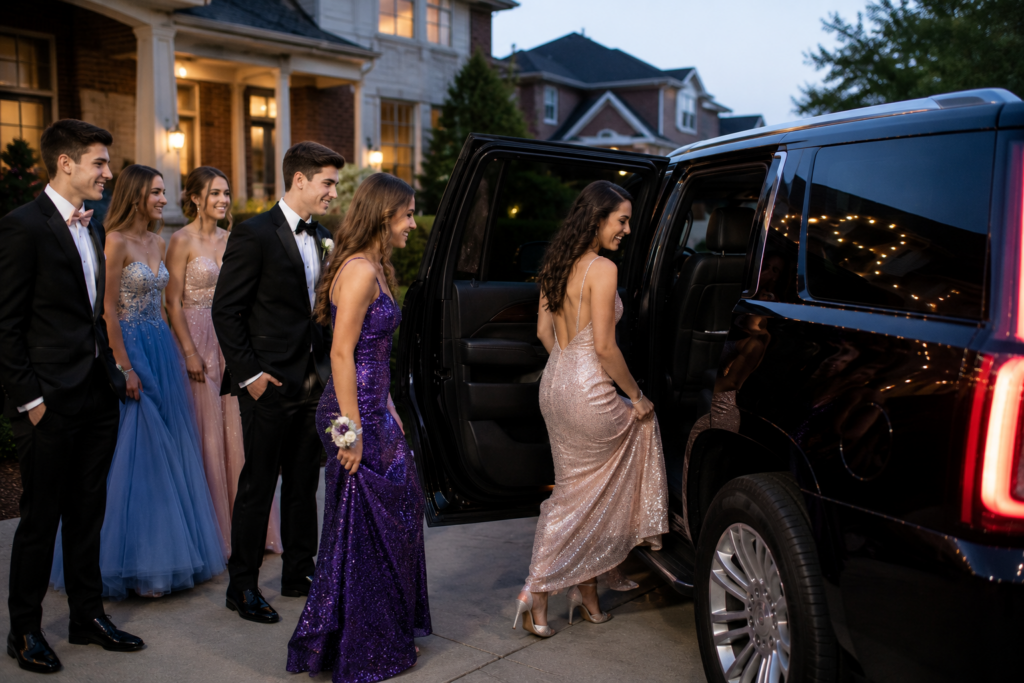 Teens in formalwear boarding a black SUV for prom transportation in Detroit