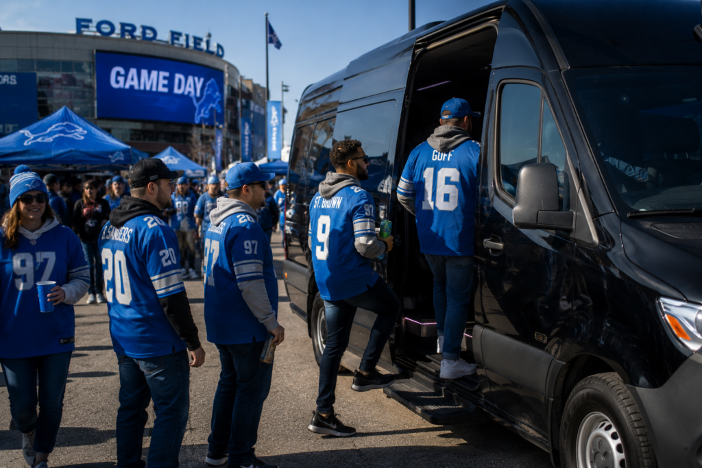 Fans boarding a black Sprinter van for Detroit Lions game day transportation