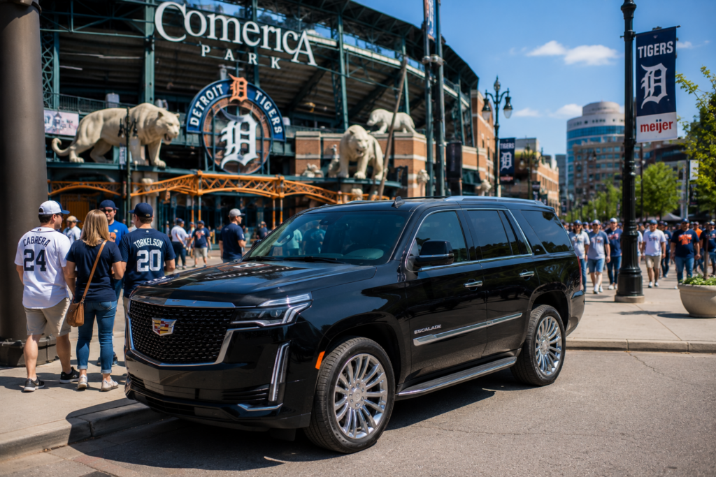 Black SUV parked near Comerica Park on Detroit Tigers game day