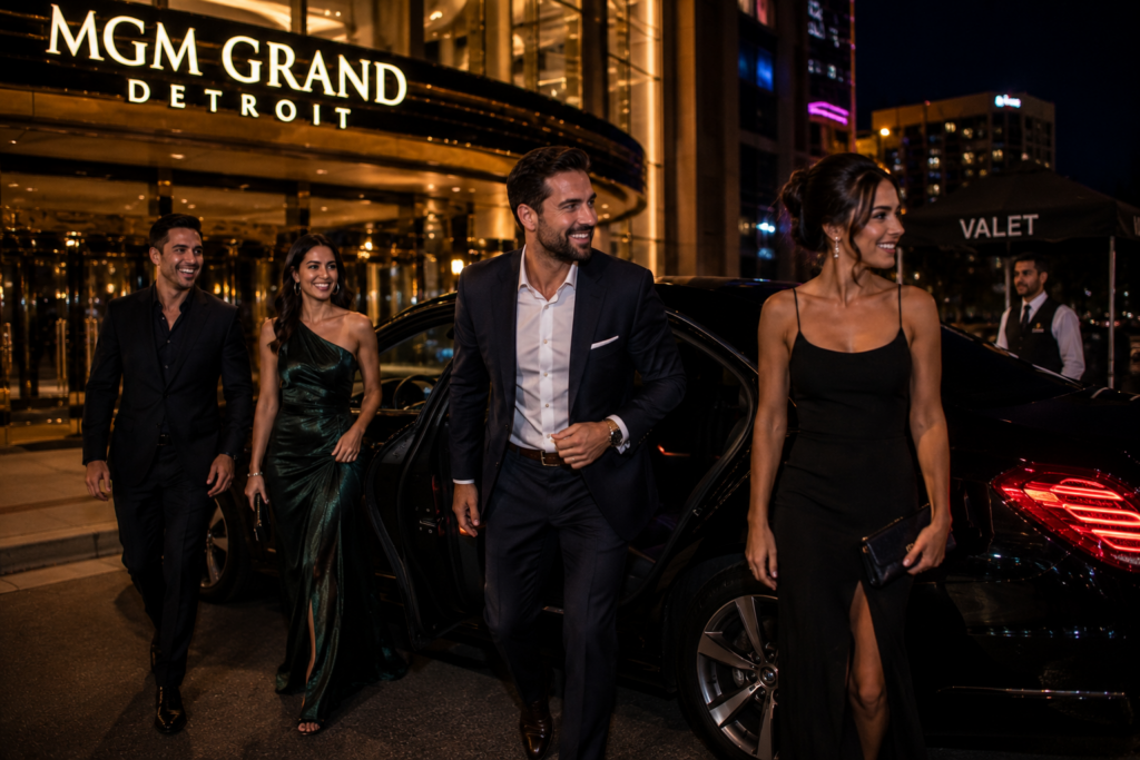Group arriving at a Detroit casino entrance in a black luxury car at night