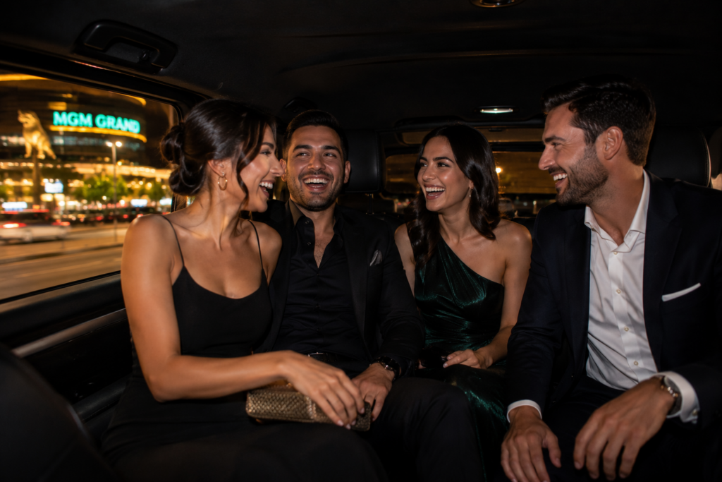 Friends celebrating inside a black SUV on the way to a Detroit casino