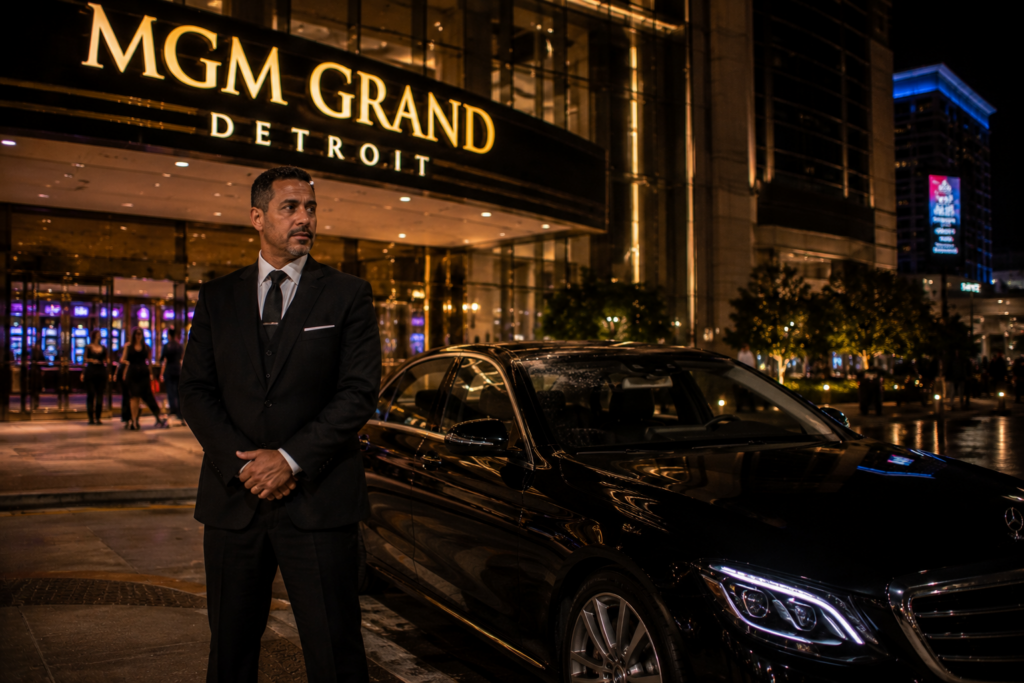 Chauffeur waiting outside a Detroit casino to pick up guests at night