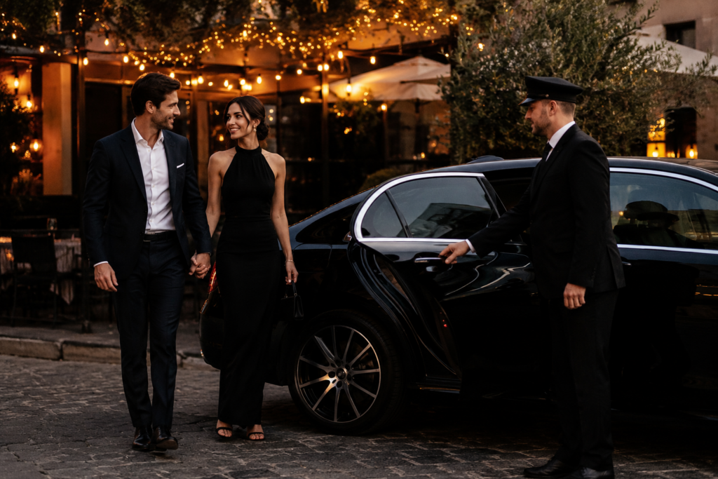 Couple being helped into a black luxury car for a date night in Detroit