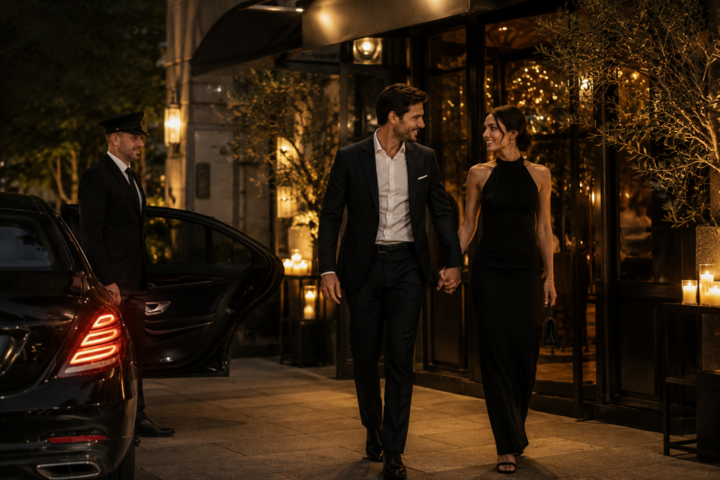 "Couple arriving at a romantic Detroit restaurant from a luxury car at night