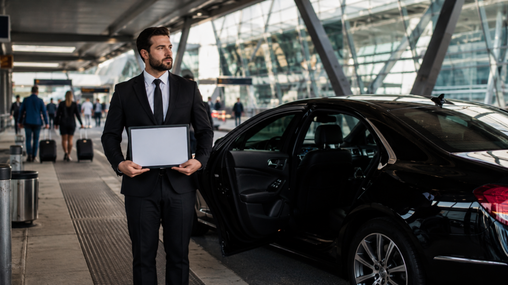 Professional chauffeur holding a name sign outside Detroit Metro Airport with a luxury black sedan ready for passenger pickup.