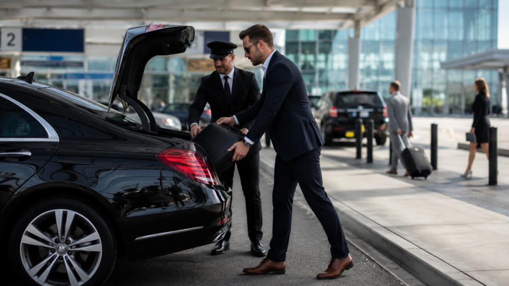Business traveler loading luggage into a luxury black sedan outside Detroit Metro Airport with chauffeur assistance.
