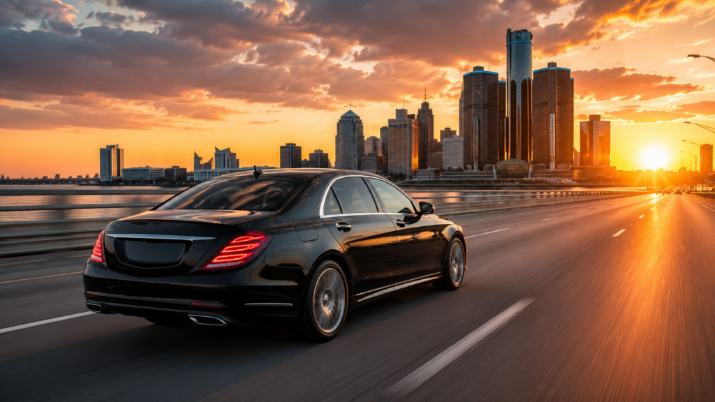Luxury black sedan driving toward downtown Detroit skyline after leaving Detroit Metro Airport at sunset.