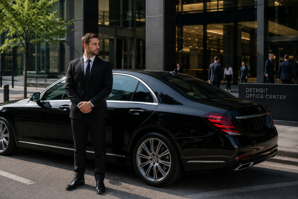Chauffeur standing beside a black luxury car waiting outside a Detroit office building we provide hourly service