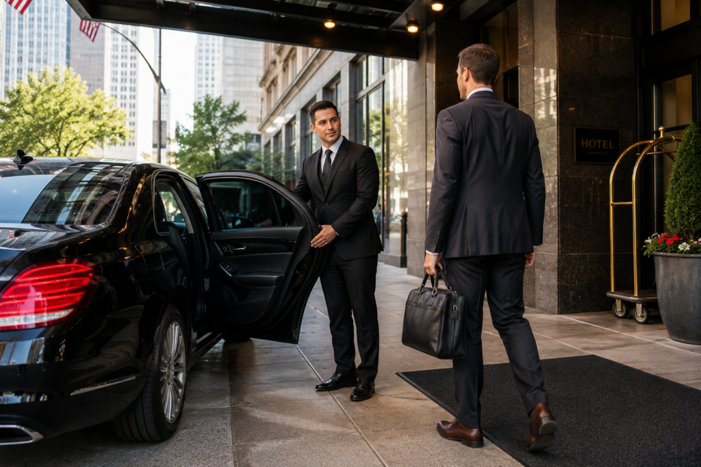 Chauffeur opening the car door for a client outside a Detroit hotel