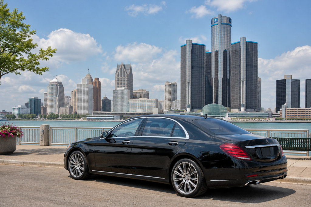 Black luxury car parked along the Detroit riverfront with the skyline in the background