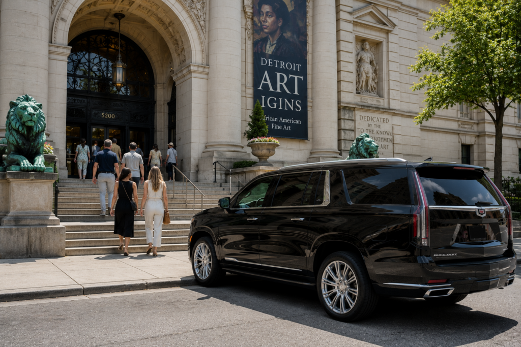 Private car parked outside a Detroit museum entrance during a city tour
