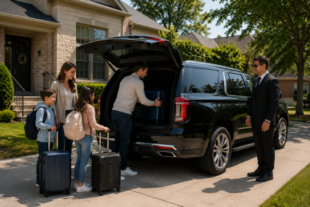 Family loading luggage into a black luxury car service SUV outside a Detroit home