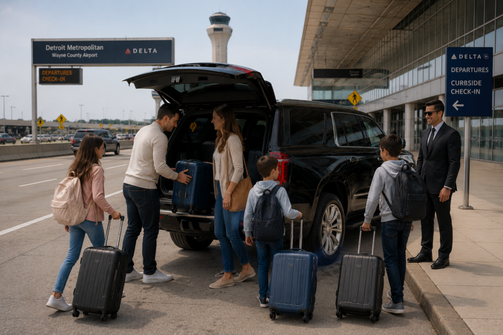 Black luxury SUV parked outside Detroit Metro Airport with a family unloading luggage