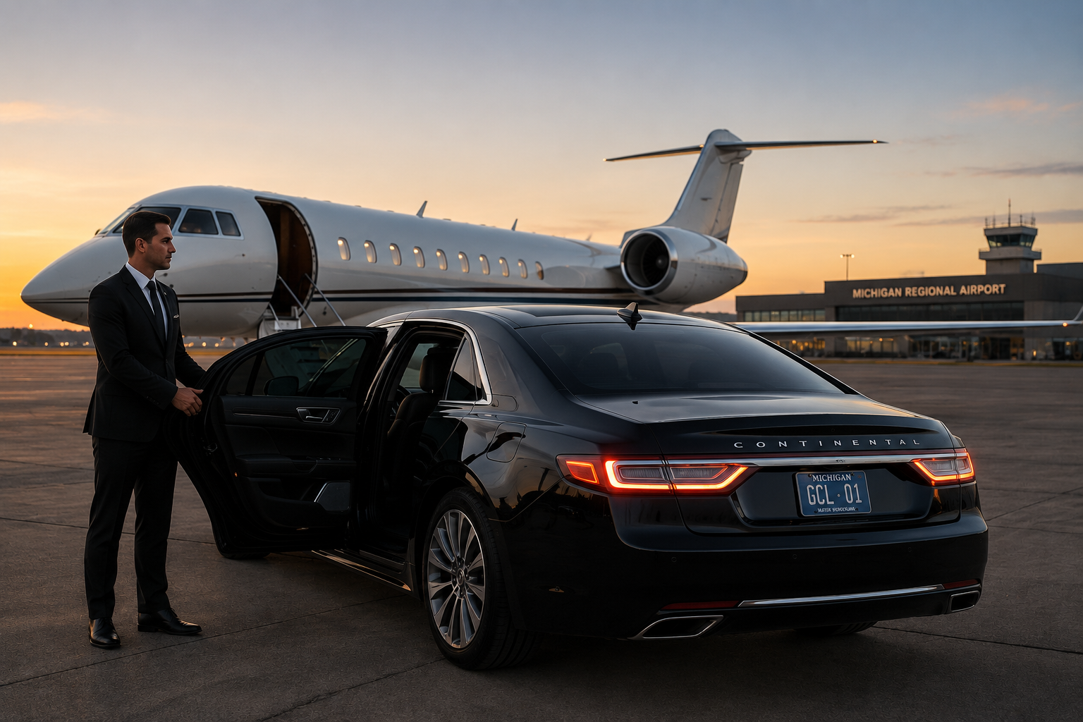 Black car service waiting on the tarmac for a private jet at a Michigan regional airport