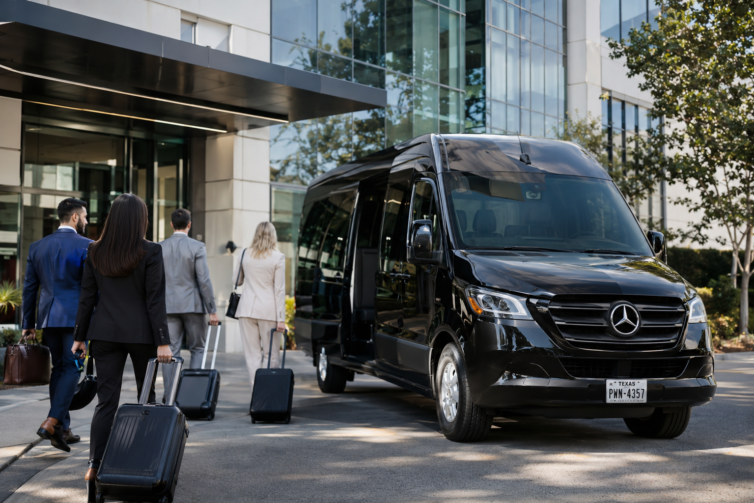 Black Mercedes Sprinter van service picking up a corporate group in Metro Detroit