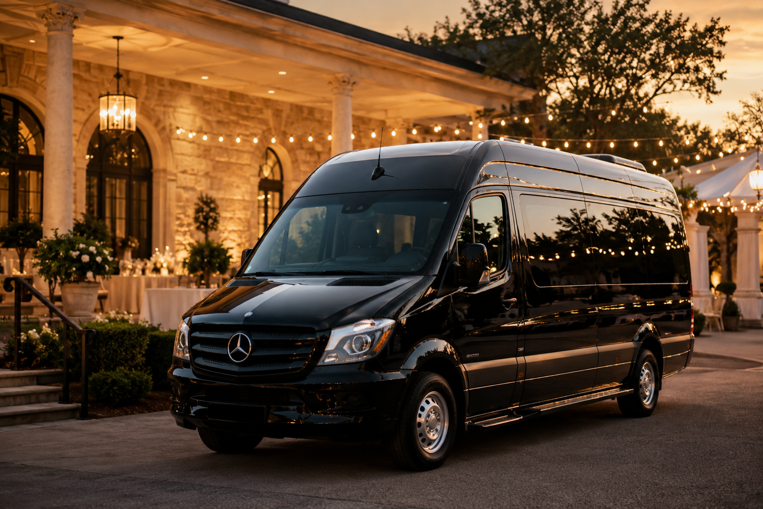 Sprinter van service for a wedding party outside a Detroit-area venue