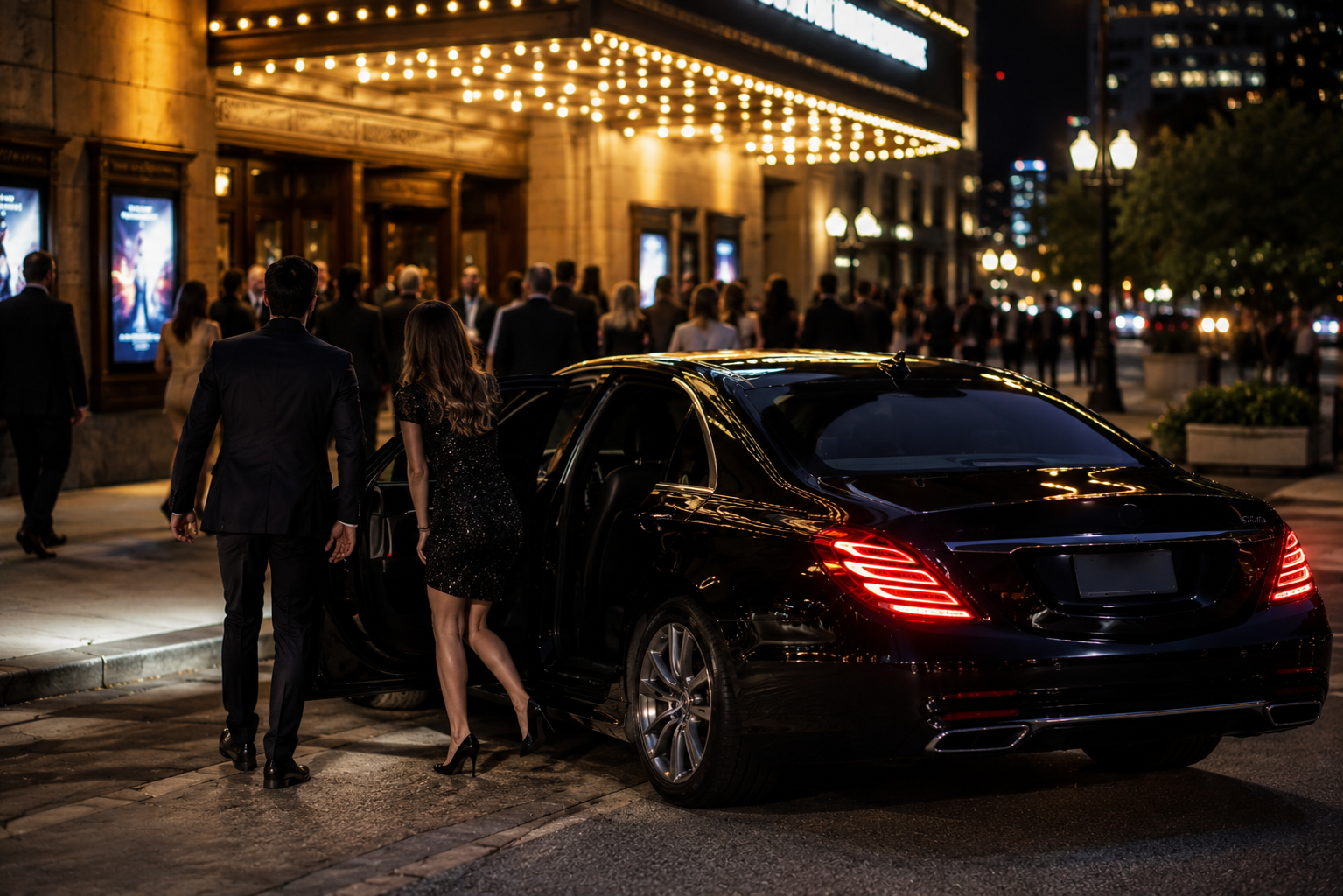 Black car service dropping off concertgoers at a Detroit-area music venue at night
