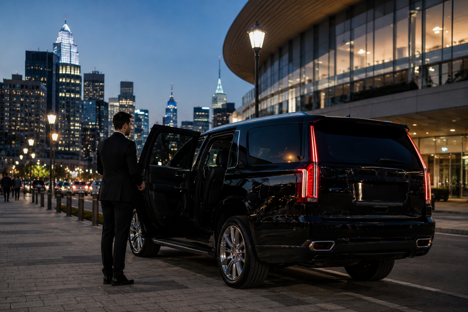 SUV car service waiting outside Little Caesars Arena for concertgoers in downtown Detroit