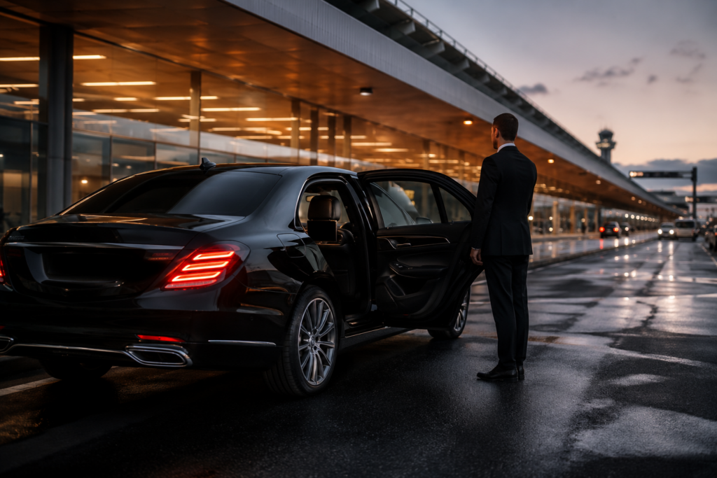 DTW airport car service luxury sedan outside Detroit Metro Airport terminal