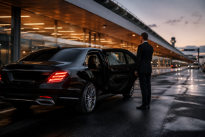 DTW airport car service luxury sedan outside Detroit Metro Airport terminal