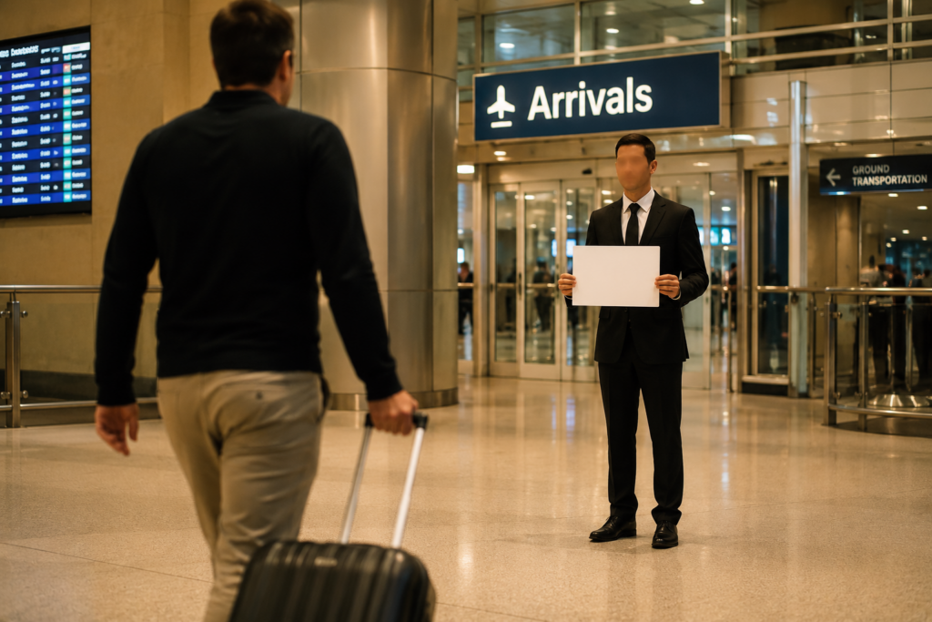Professional chauffeur greeting passenger at DTW arrivals with luggage