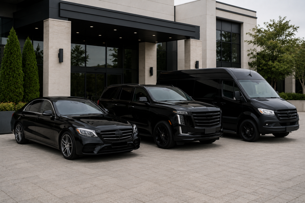 Fleet of vehicles for DTW airport car service including sedan, SUV, and Sprinter van