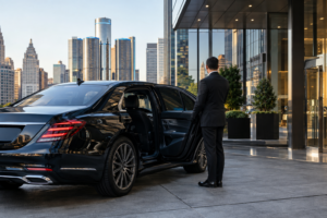 Chauffeur standing beside a black luxury sedan outside a downtown Detroit office building