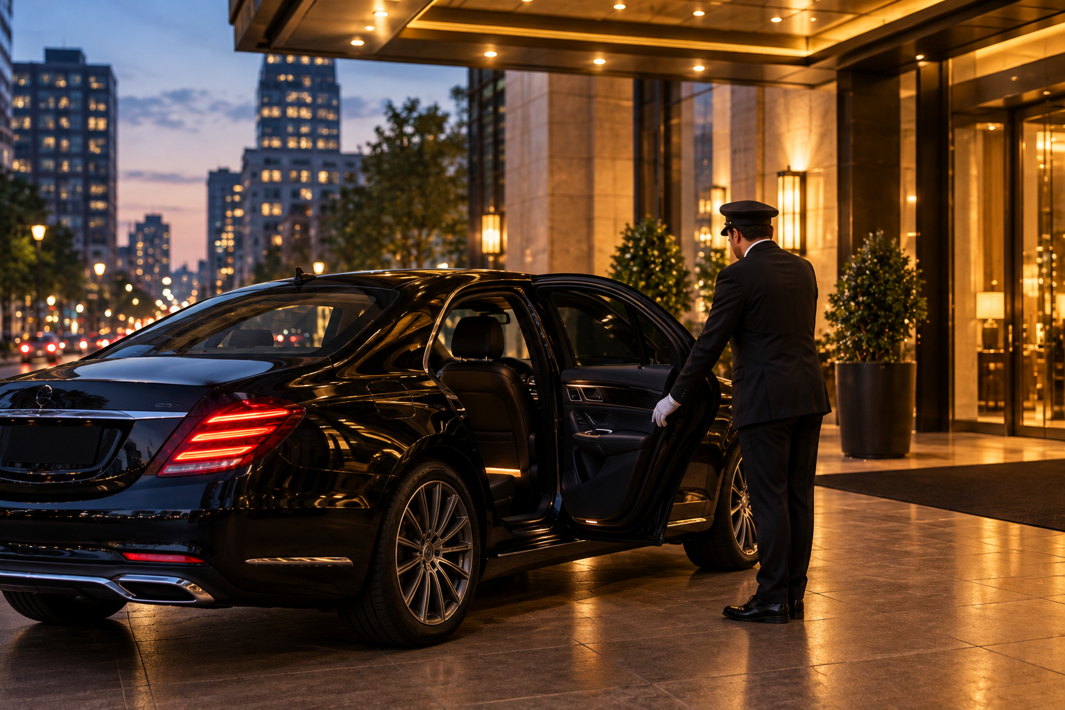 Black car service picking up a client outside a hotel entrance in Metro Detroit