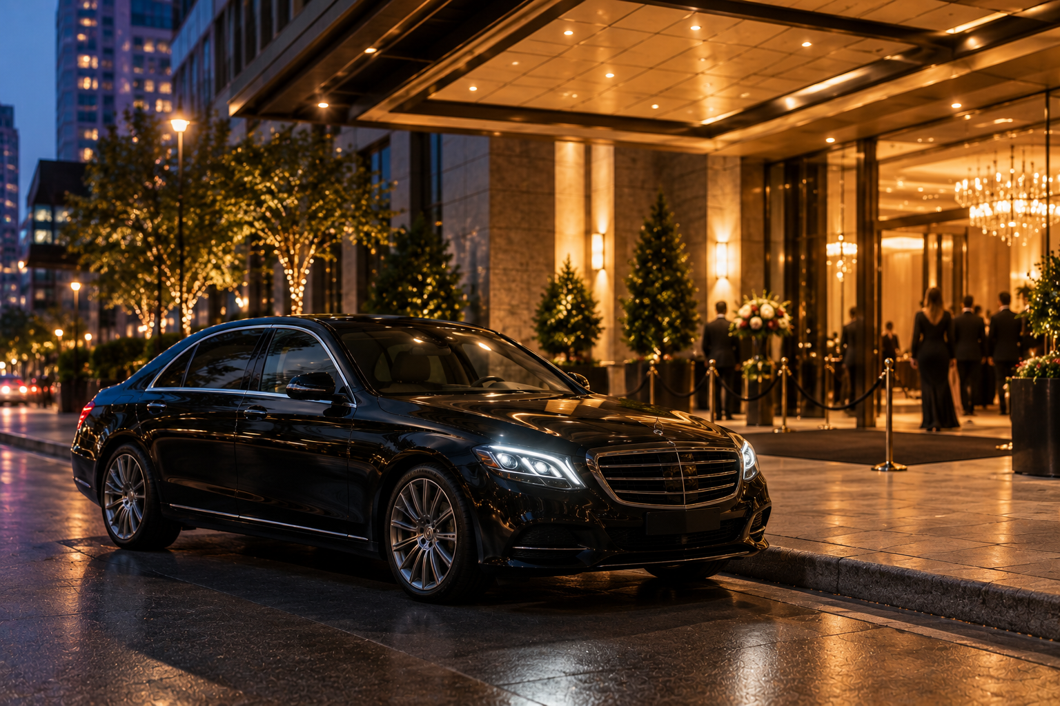 Black luxury car waiting curbside outside an evening event in Metro Detroit