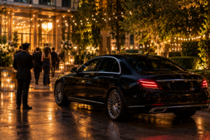 Black car service parked outside a decorated venue at night during a holiday party