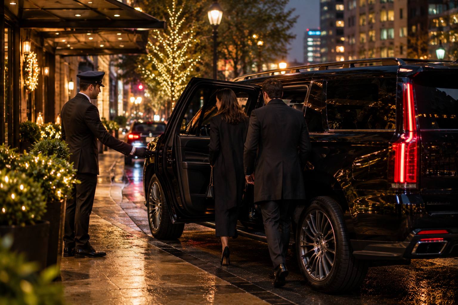 Chauffeur opening the door for guests dressed for a holiday party outside a restaurant
