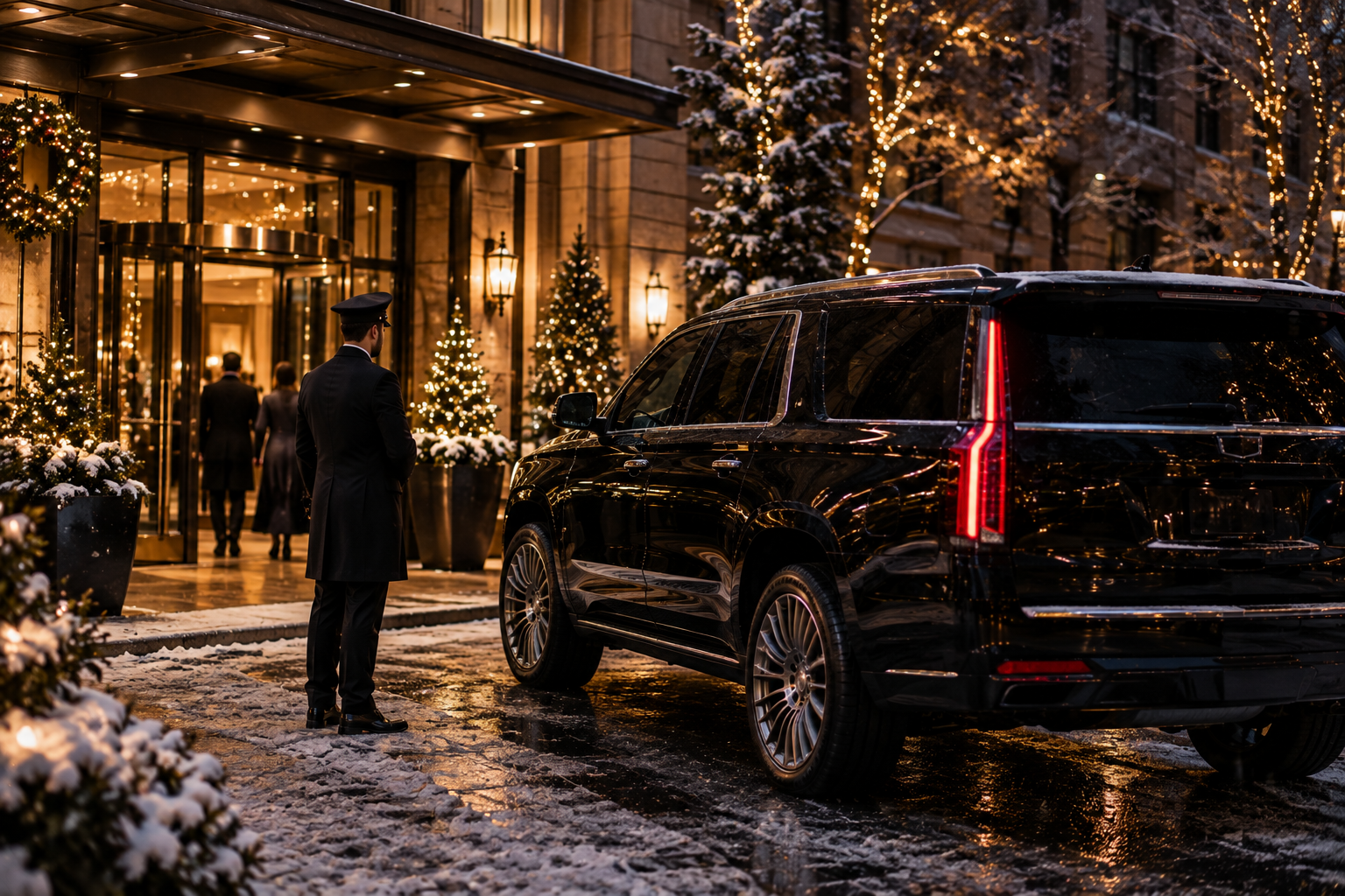 Black SUV waiting outside a restaurant at night during the holiday season