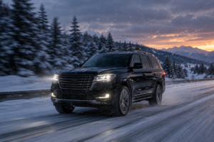Black SUV driving on a snowy Michigan highway toward the airport at dusk