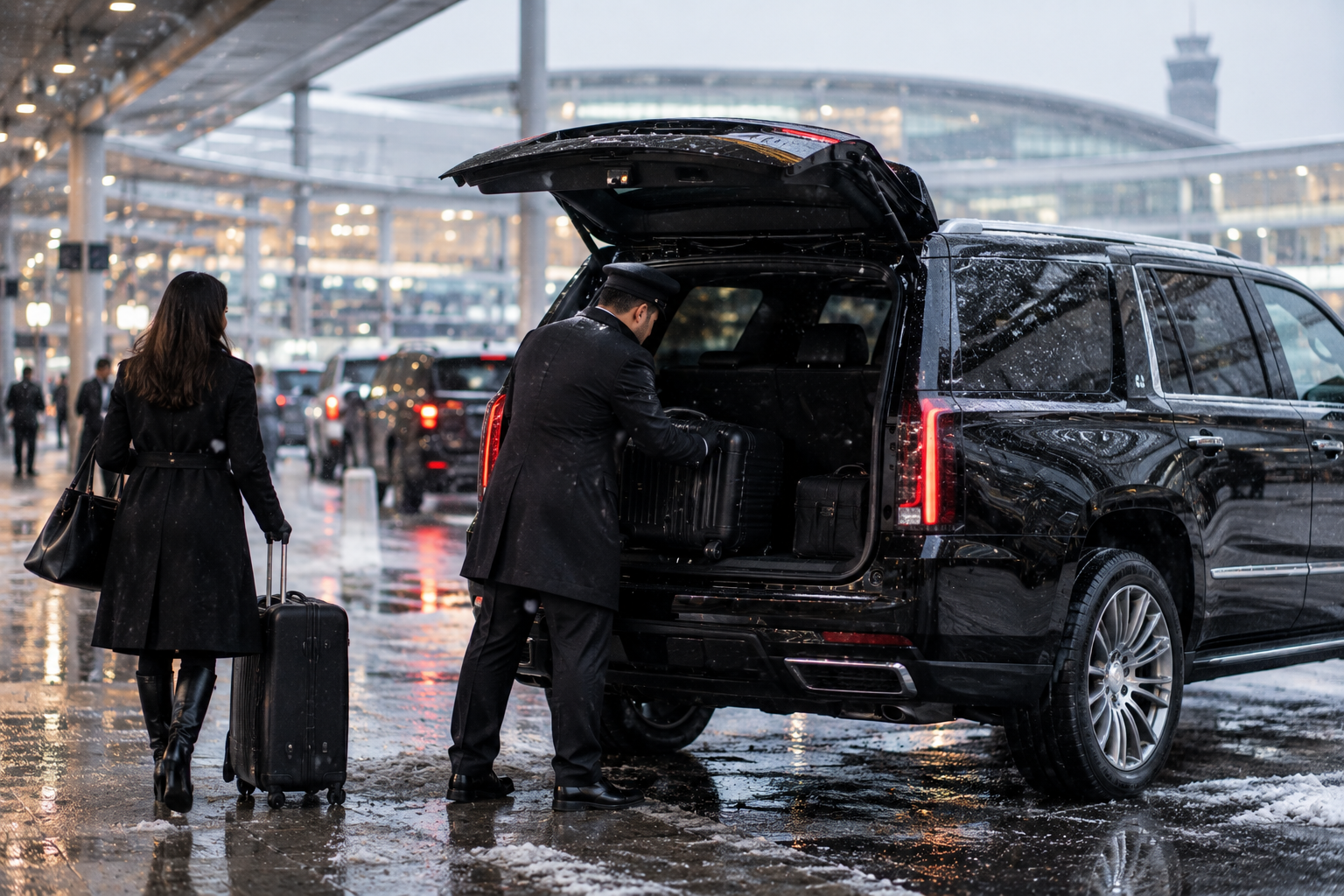 Chauffeur assisting with luggage at the airport curb during light snow