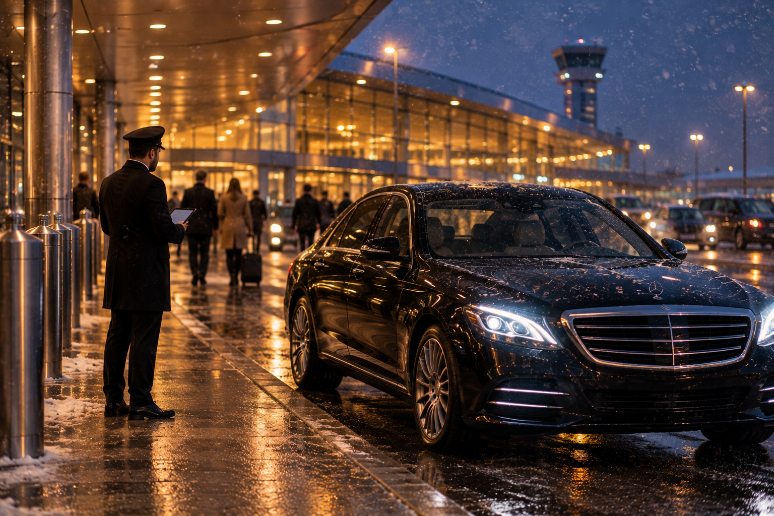 Black car service waiting at airport arrivals during a snowy evening