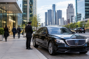 Black sedan parked outside a downtown Detroit office tower during business hours