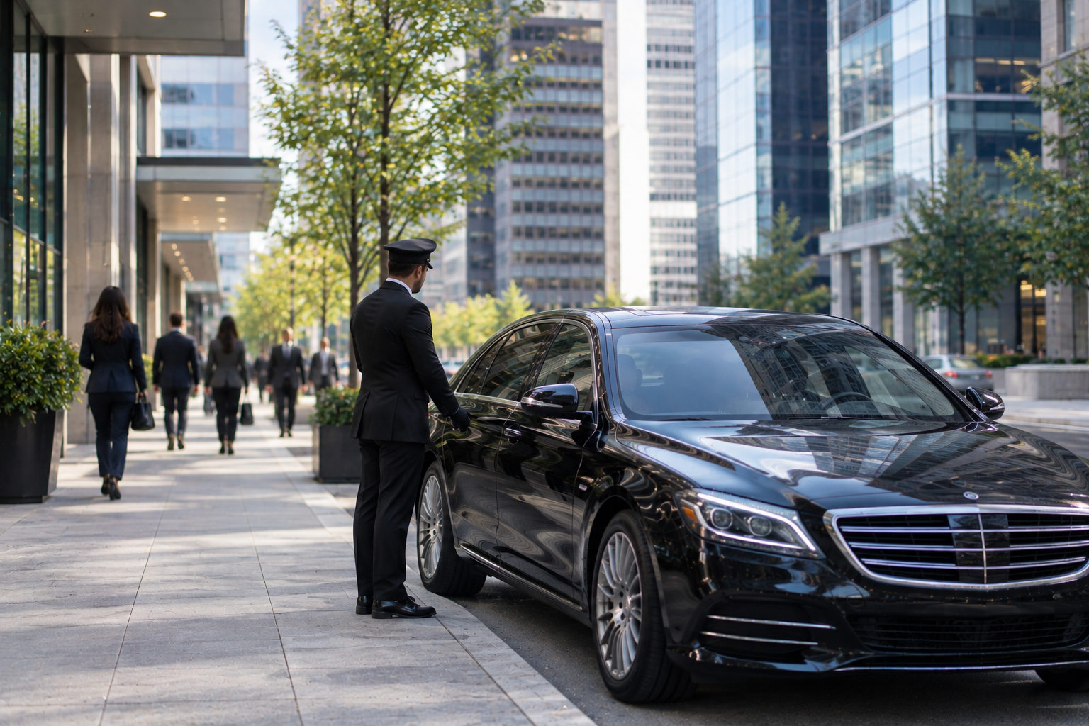 Chauffeur waiting beside a black sedan on a downtown Detroit street between business meetings