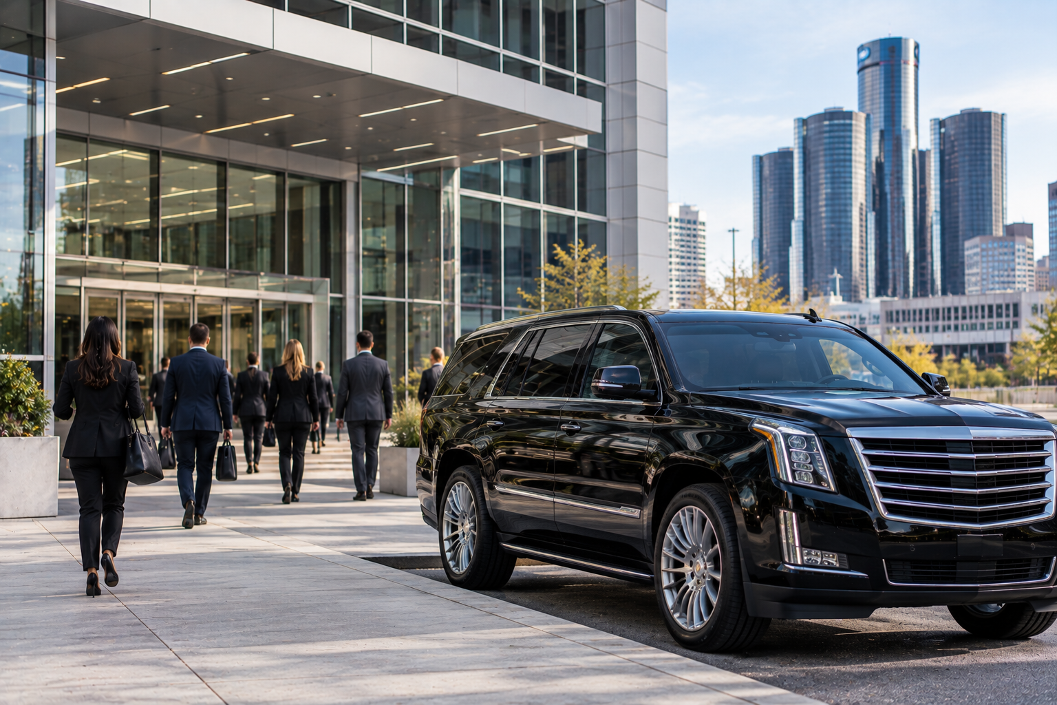 Black SUV parked outside a downtown Detroit conference center in the afternoon