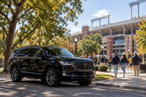 Black SUV dropping off passengers near a university football stadium on game day