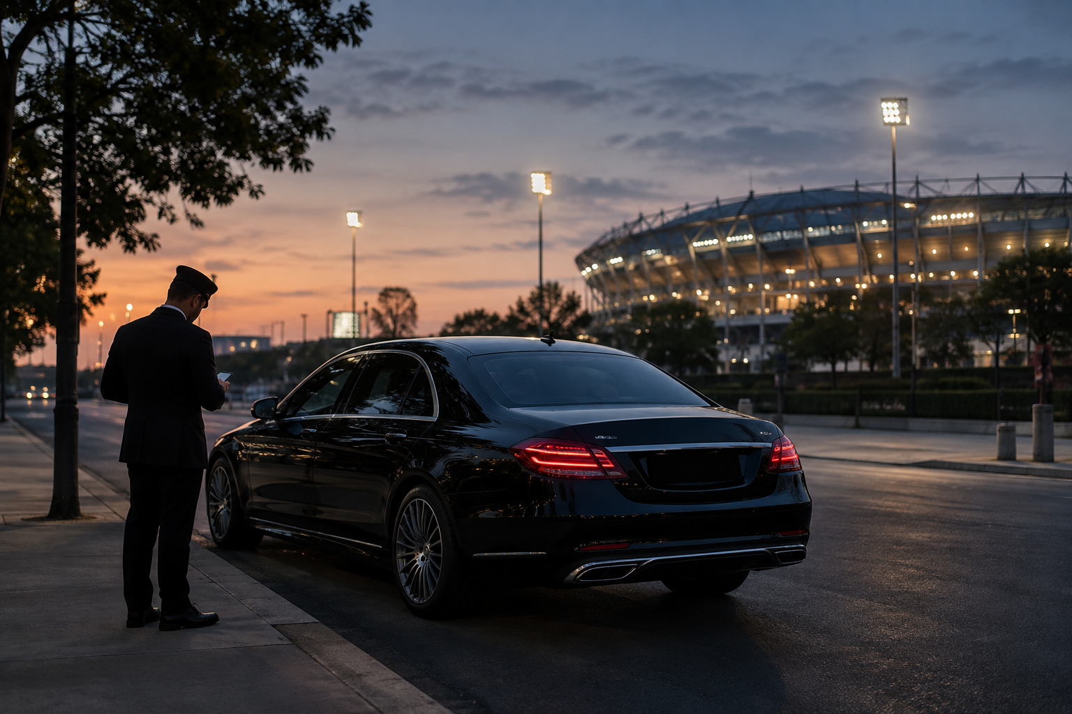 Black car service waiting to pick up passengers after an evening game near the stadium