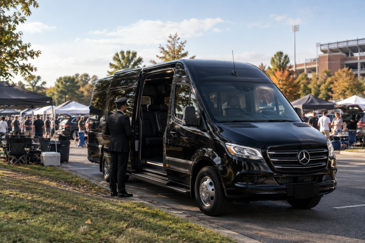 Sprinter van parked at a game day tailgate lot near Ann Arbor with a chauffeur nearby