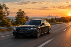 Black luxury sedan traveling on a Michigan highway between cities at golden hour